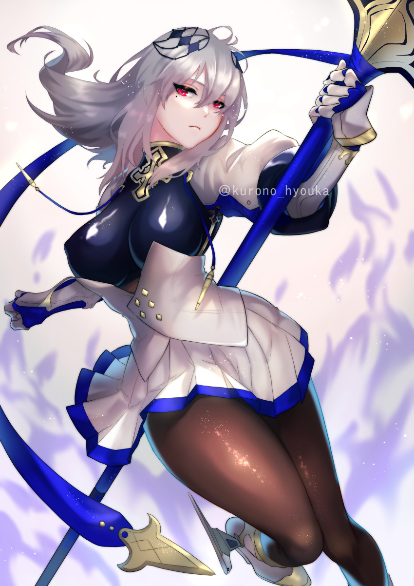 absurdres azur_lane bodystocking breastplate breasts corset covered_nipples cross fleur_de_lis gauntlets gloves grey_hair highres holding holding_polearm holding_spear holding_weapon kurono_hyouka left-handed looking_at_viewer medium_breasts medium_hair mole mole_under_eye pleated_skirt polearm red_eyes saint-louis_(azur_lane) skirt spear weapon white_gloves white_skirt
