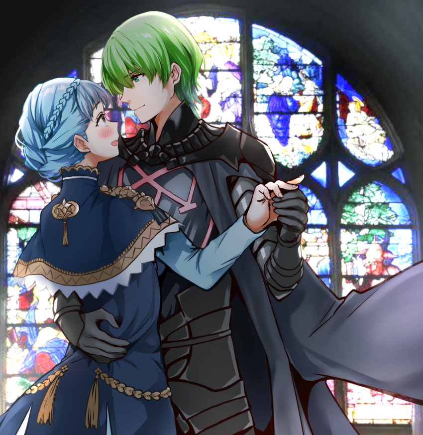 1boy 1girl aiguillette armor black_armor black_eyes black_gloves blue_dress blue_hair blush braid byleth_(fire_emblem) byleth_(fire_emblem)_(male) cape capelet closed_mouth commentary_request crown_braid dancing dress epaulettes eyebrows_visible_through_hair fire_emblem fire_emblem:_three_houses glass gloves green_eyes green_hair hands_on_another's_back hetero highres holding_hands looking_at_another marianne_von_edmund open_mouth oroshipon_zu short_hair smile stained_glass waltz_(dance)