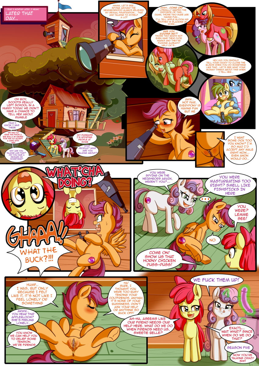 2020 absurd_res anibaruthecat animal_genitalia animal_penis anus apple_bloom_(mlp) balls big_macintosh_(mlp) comic cub cutie_mark cutie_mark_crusaders_(mlp) daughter dildo earth_pony english_text equid equine equine_penis father female feral friendship_is_magic genitals hi_res horn horse incest male male/female mammal my_little_pony parent penis pony pterippus pussy scootaloo_(mlp) sex_toy speech_bubble sugar_belle_(mlp) sweetie_belle_(mlp) text thought_bubble unicorn wings young