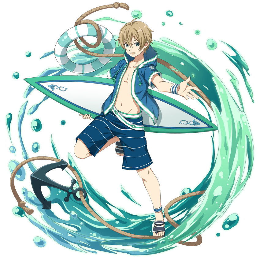 1boy :d ahoge blonde_hair blue_eyes blue_shorts collarbone eugeo groin hair_between_eyes highres hood hood_down hooded_jacket innertube jacket male_focus navel non-web_source official_art open_clothes open_jacket open_mouth outstretched_arm shiny shiny_hair short_sleeves shorts smile solo standing standing_on_one_leg striped striped_shorts surfboard sword_art_online wristband