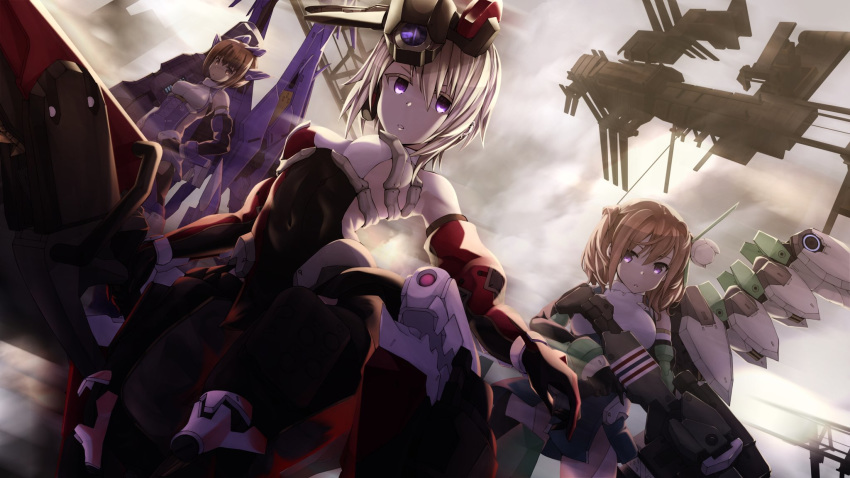 3girls alice_gear_aegis alicia_(schrdingerscat) bare_shoulders black_gloves brown_eyes brown_hair closed_eyes covered_navel eyebrows_visible_through_hair gloves gun hand_on_hip headgear highres holding holding_gun holding_sword holding_weapon kimikage_yui leotard mecha_musume multiple_girls murao_mira open_mouth purple_eyes satellite suga_itsuri sword twintails weapon white_hair