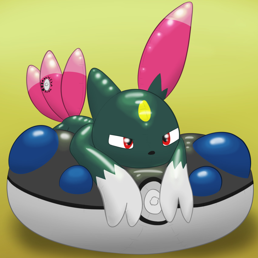 absurd_res animate_inanimate balloon-quilava digital_media_(artwork) feral grumpy hexatoy hi_res inflatable living_inflatable looking_at_viewer lying nintendo pok&eacute;ball pok&eacute;mon pok&eacute;mon_(species) pool_toy simple_background sneasel video_games