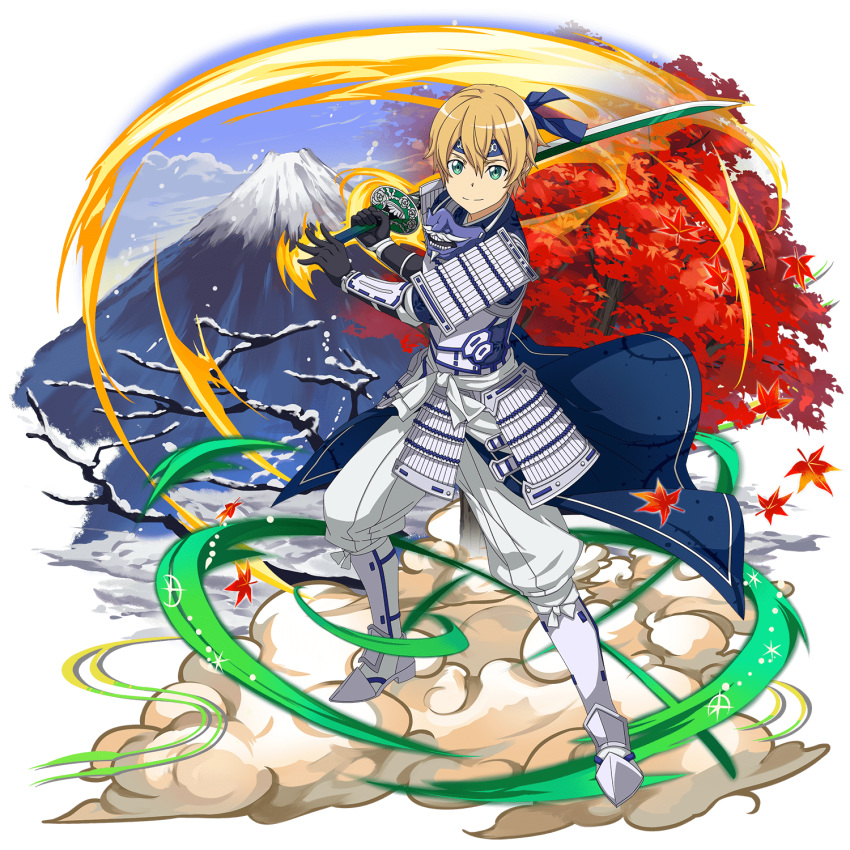 1boy black_gloves blonde_hair blue_cape blue_eyes blue_hairband cape closed_mouth eugeo faulds gloves hairband highres holding holding_sword holding_weapon katana looking_at_viewer male_focus non-web_source official_art pants samurai shiny shiny_hair shoulder_armor smile solo standing sword sword_art_online volcano waist_cape weapon white_pants