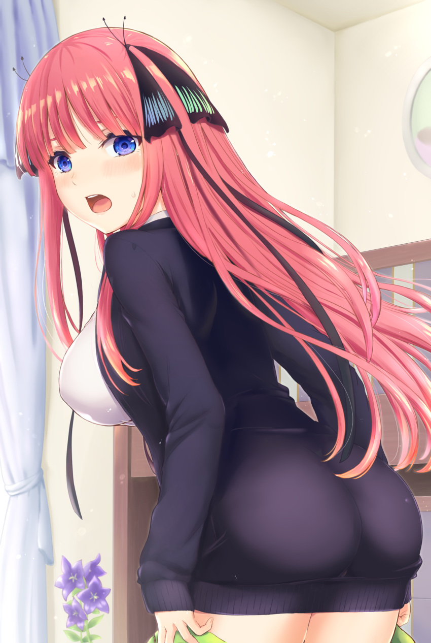 1girl :o ass bangs black_cardigan black_ribbon blunt_bangs blush breasts butterfly_hair_ornament cardigan commentary_request covered_nipples cowboy_shot curtains eyebrows_behind_hair flower frame go-toubun_no_hanayome green_skirt hair_ornament hair_ribbon highres holding_skirt inanaki_shiki indoors large_breasts long_hair long_sleeves looking_at_viewer nakano_nino open_cardigan open_clothes pink_hair ribbon shirt sidelocks skirt sleeves_past_wrists solo table tongue two_side_up undressing upper_teeth wall white_shirt