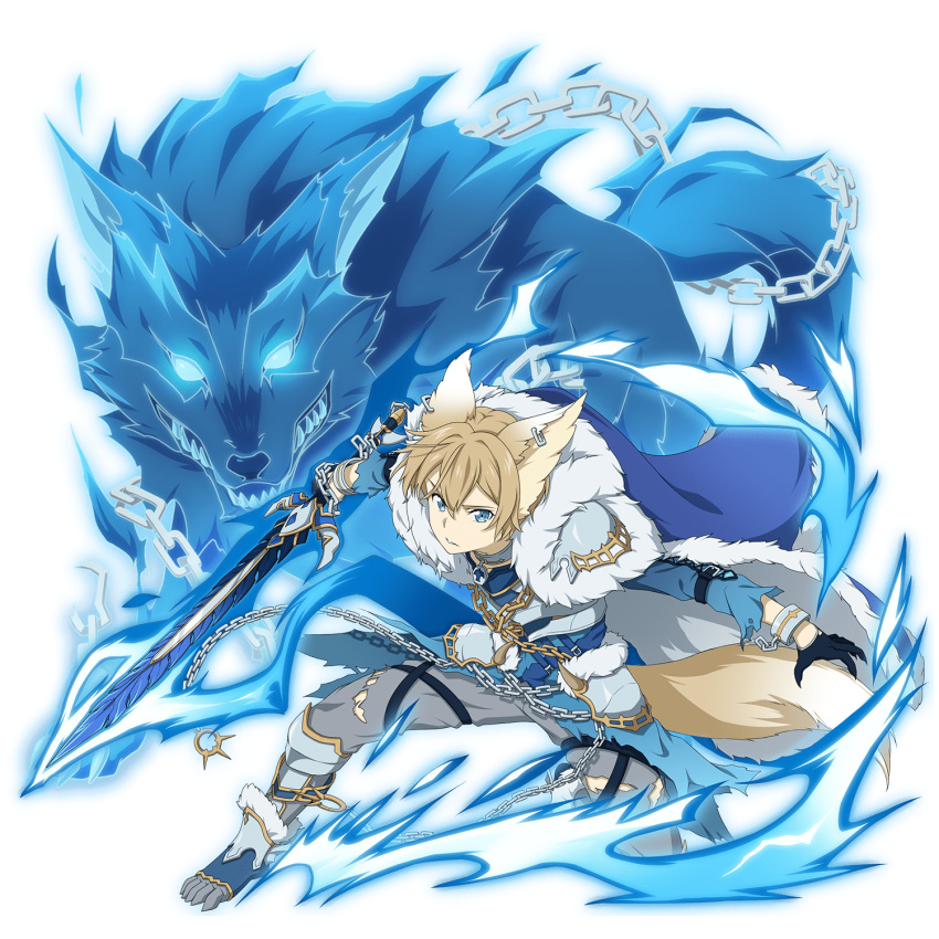 1boy animal_ears bangs blonde_hair blue_eyes blue_gloves breastplate chain closed_mouth eugeo gloves grey_pants hair_between_eyes highres holding holding_sword holding_weapon looking_at_viewer male_focus non-web_source official_art one_knee pants shiny shiny_hair shoulder_armor solo sword sword_art_online torn_clothes torn_pants weapon werewolf wolf wolf_ears