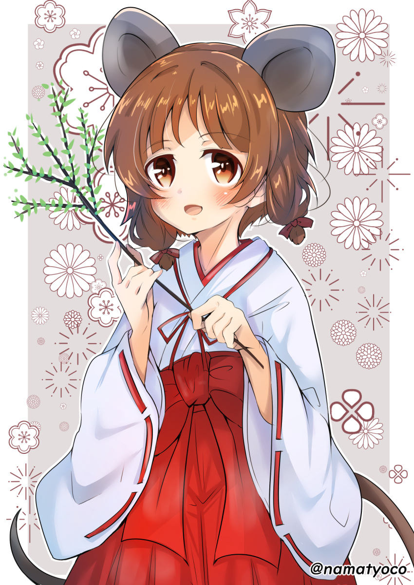 1girl alternate_costume alternate_hairstyle animal_ears bangs branch brown_eyes brown_hair chinese_zodiac commentary eyebrows_visible_through_hair floral_background flower girls_und_panzer grey_background hair_ribbon hakama hakama_skirt highres holding_branch japanese_clothes kemonomimi_mode kimono long_sleeves looking_at_viewer miko mouse_ears mouse_tail namatyoco new_year nishizumi_miho open_mouth outline outside_border red_flower red_hakama red_rose ribbon ribbon-trimmed_sleeves ribbon_trim rose short_hair short_twintails smile solo standing tail twintails white_kimono white_outline wide_sleeves year_of_the_rat