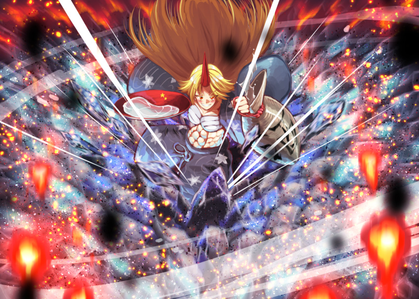 1girl attack blonde_hair blush eyebrows eyebrows_visible_through_hair holding horn hoshiguma_yuugi light_particles long_hair looking_at_viewer open_eyes pants red_eyes ribbon rock sarashi shaded_face smile spell_card star sunyup teeth touhou wind