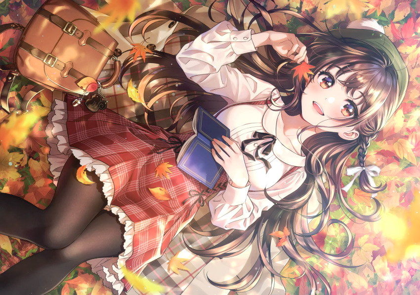 autumn book braids brown_hair leaves long_hair morikura_en original pantyhose scan