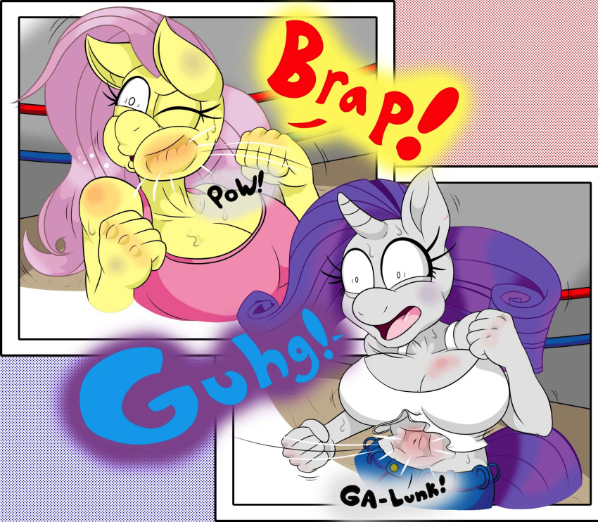 anthro big_breasts bodily_fluids breasts bruised clothed clothing duo female fight fighting_ring fluttershy_(mlp) friendship_is_magic hi_res my_little_pony rarity_(mlp) sport sweat text tinydevilhorns