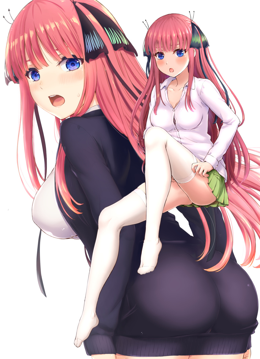 1girl :o absurdres ass bangs black_cardigan black_ribbon blunt_bangs blush bra bra_peek breasts butterfly_hair_ornament button_gap cardigan collarbone collared_shirt commentary_request convenient_leg covered_nipples cowboy_shot dressing eyebrows_behind_hair full_body go-toubun_no_hanayome green_skirt hair_ornament hair_ribbon highres holding_skirt inanaki_shiki knee_up large_breasts long_hair long_sleeves looking_at_viewer nakano_nino open_cardigan open_clothes pink_hair pleated_skirt ribbon shirt sidelocks simple_background sitting skirt sleeves_past_wrists solo table thighhighs tongue two_side_up underwear undressing upper_teeth white_background white_legwear white_shirt zettai_ryouiki