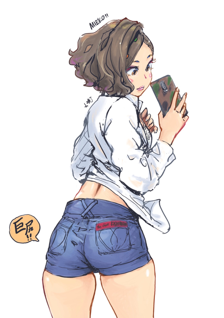 1girl blush carina_(xiaowoo) cellphone hair_ornament highres kishi_mieko lips original phone shirt short_hair short_shorts shorts smartphone solo white_shirt