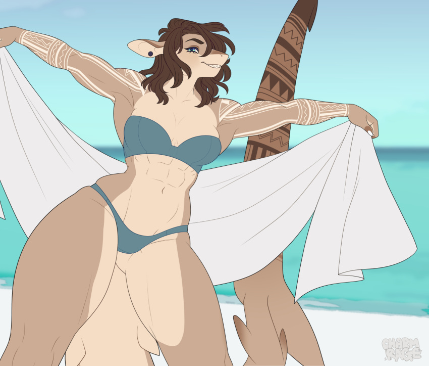 2020 abs anthro baja_(nasusbot) beach blue_eyes breasts charmrage day detailed_background digital_media_(artwork) eyebrows eyelashes female fish marine muscular muscular_female non-mammal_breasts outside sand seaside shark shoreline sky small_waist solo standing water