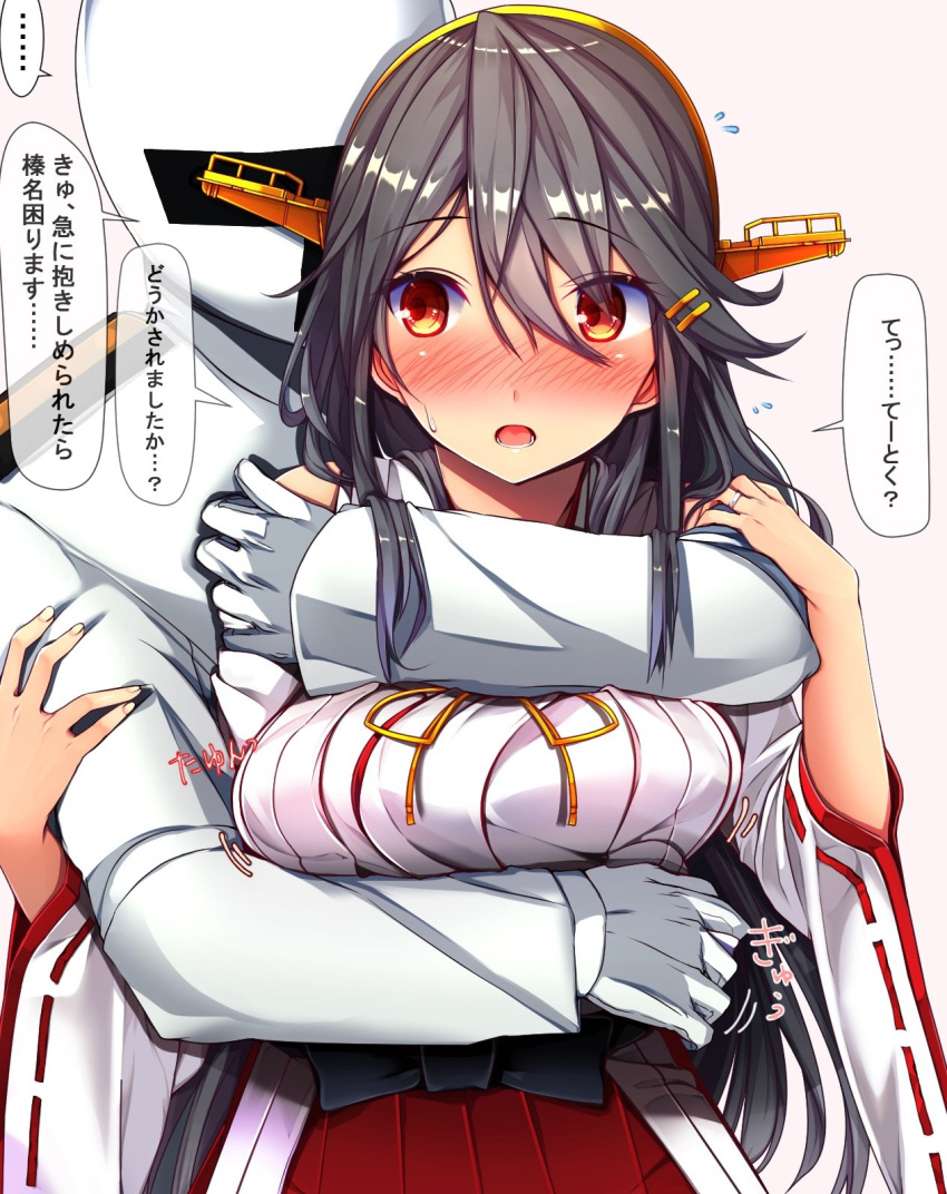 1girl admiral_(kantai_collection) bare_shoulders blush breasts brown_eyes detached_sleeves flying_sweatdrops gloves grey_hair hair_ornament hairband hairclip haruna_(kantai_collection) headgear highres hug jacket japanese_clothes jewelry kantai_collection large_breasts long_hair looking_at_viewer nontraditional_miko open_mouth remodel_(kantai_collection) ring sweatdrop tsukui_kachou wedding_band