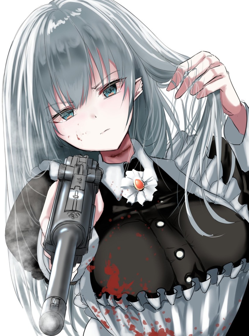 &gt;:( 1girl apron bangs blood blood_on_face bloodshot_eyes bloody_clothes blue_eyes breasts check_commentary commentary_request cuts disdain eyebrows_visible_through_hair gun hair_tucking handgun highres holding holding_gun holding_weapon injury long_hair long_sleeves looking_at_viewer luger_p08 maid maid_apron original scowl silver_hair simple_background smoke smoking_gun solo stitches take_(trude1945oneetyan) v-shaped_eyebrows weapon white_background