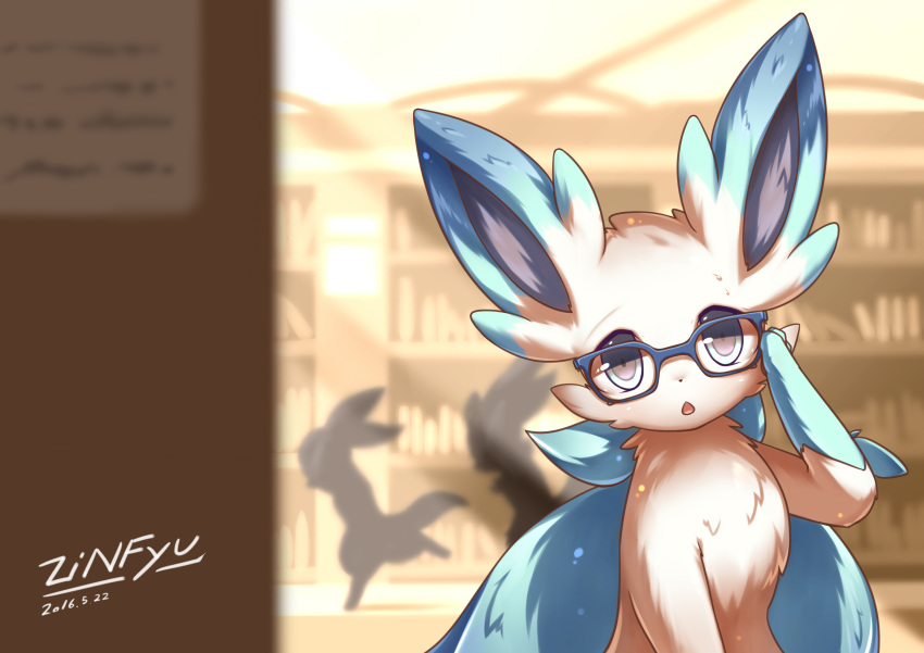 2016 absurd_res ambiguous_gender blue_body blue_fur book bookshelf chest_tuft dipstick_ears eeveelution eyewear fan_character feral fur furniture glasses gloves_(marking) grey_eyes group hi_res inside kemono library light looking_at_viewer markings multicolored_body multicolored_ears multicolored_fur nintendo nude pok&eacute;mon sitting solo solo_focus sunlight tuft two_tone_body two_tone_fur video_games white_body white_fur zinfyu