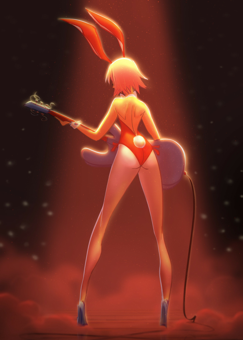 1girl absurdres animal_ears ass bad_proportions bunny_tail bunnysuit chwee facing_away fake_animal_ears flcl full_body guitar haruhara_haruko high_heels highres instrument leotard red_background red_leotard short_hair solo standing tail wrist_cuffs