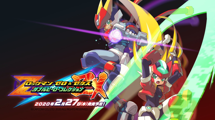 blonde_hair commentary_request copyright_name degarashi_(ponkotsu) energy_blade energy_sword gradient gradient_background green_eyes grey_(rockman) gun helmet highres holding holding_weapon logo long_hair model_zx open_mouth power_armor rockman rockman_zx rockman_zx_advent sword wallpaper weapon