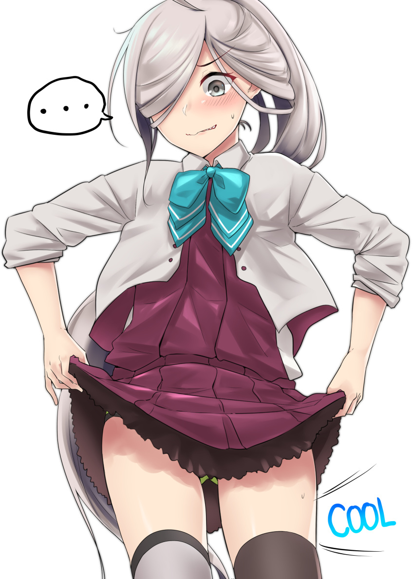 ... 1girl absurdres ahoge asashimo_(kantai_collection) asymmetrical_legwear bangs blue_neckwear blush bow bowtie dress english_text eyebrows_visible_through_hair green_panties grey_eyes hair_over_one_eye highres jacket kantai_collection kiritto lifted_by_self long_hair panties pantyshot ponytail purple_dress remodel_(kantai_collection) school_uniform sharp_teeth silver_hair simple_background skirt skirt_lift sleeves_rolled_up solo speech_bubble sweat teeth thighhighs underwear very_long_hair white_background