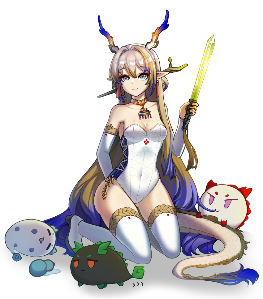 1girl adapted_costume annotated arknights arm_behind_back bare_shoulders blonde_hair blue_eyes bluedok_(o-ni) breasts cleavage closed_mouth collarbone colored_extremities commentary_request covered_navel detached_sleeves dragon_bubble_(arknights) dragon_girl dragon_horns dragon_tail dusk_(arknights) earrings english_commentary eyeliner full_body grey_hair hair_between_eyes hair_intakes highres holding holding_sword holding_weapon horns jewelry kneeling leotard ling_(arknights) long_hair long_sleeves looking_at_viewer makeup medium_breasts mixed-language_commentary multicolored_hair necklace nian_(arknights) orange_eyeliner partial_commentary playboy_bunny pointy_ears purple_hair seigaiha shu_(arknights) simple_background smile solo strapless strapless_leotard sword tail thighhighs very_long_hair weapon white_background white_leotard white_sleeves white_thighhighs