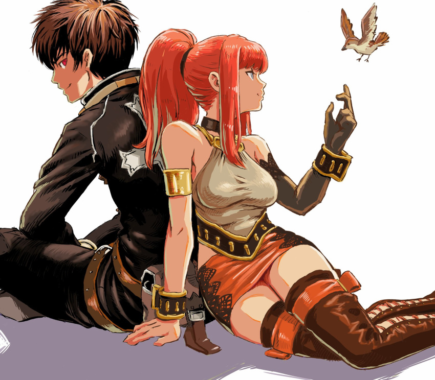 1boy 1girl animal arm_support armlet asymmetrical_gloves back-to-back bare_shoulders bird blue_eyes boots bracelet brown_hair choker closed_mouth elbow_gloves gloves hand_up high_ponytail highres jacket jewelry karin_koenig long_hair long_sleeves looking_at_another microskirt pants red_hair shadow_hearts shadow_hearts_ii shirt short_hair simple_background single_glove sitting skirt sleeveless smile thigh_boots thighhighs ume_(yume_uta_da) white_background yuri_hyuga zettai_ryouiki