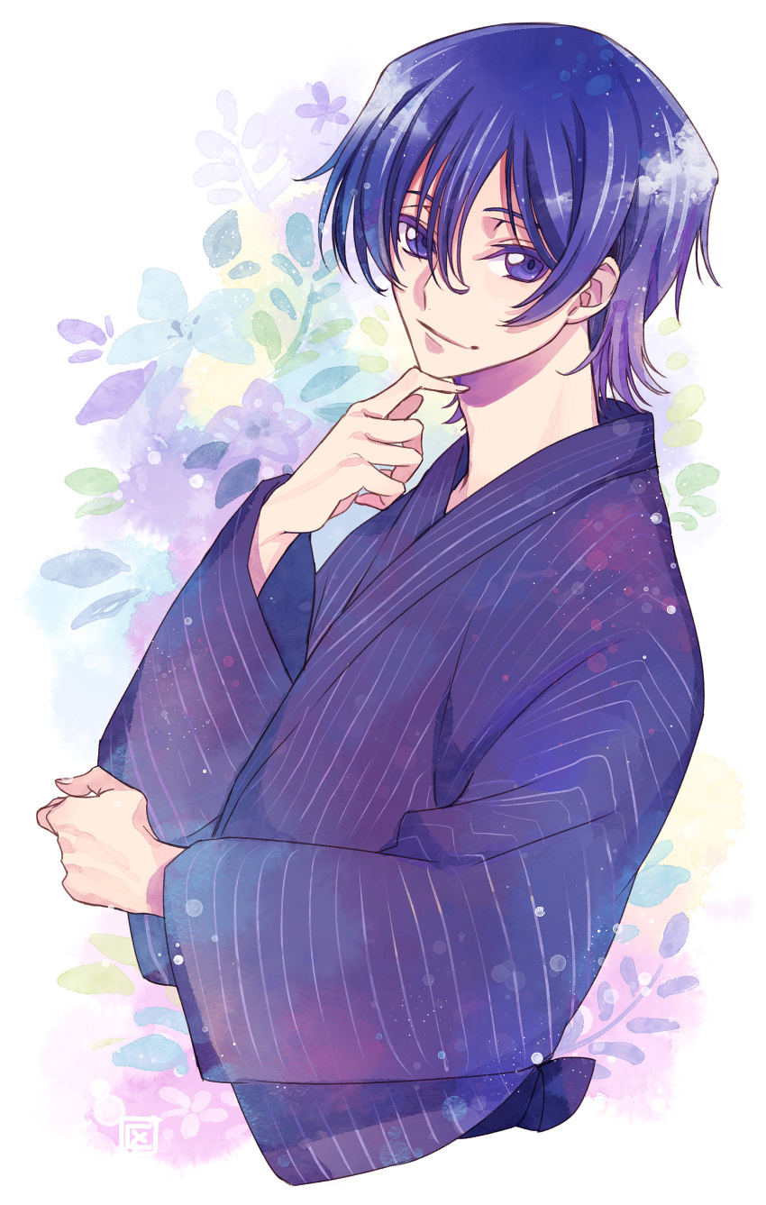 1boy absurdres closed_mouth code_geass cropped_torso from_side highres japanese_clothes kimono kubird_meme lelouch_lamperouge long_sleeves male_focus purple_kimono smile solo striped striped_kimono white_background