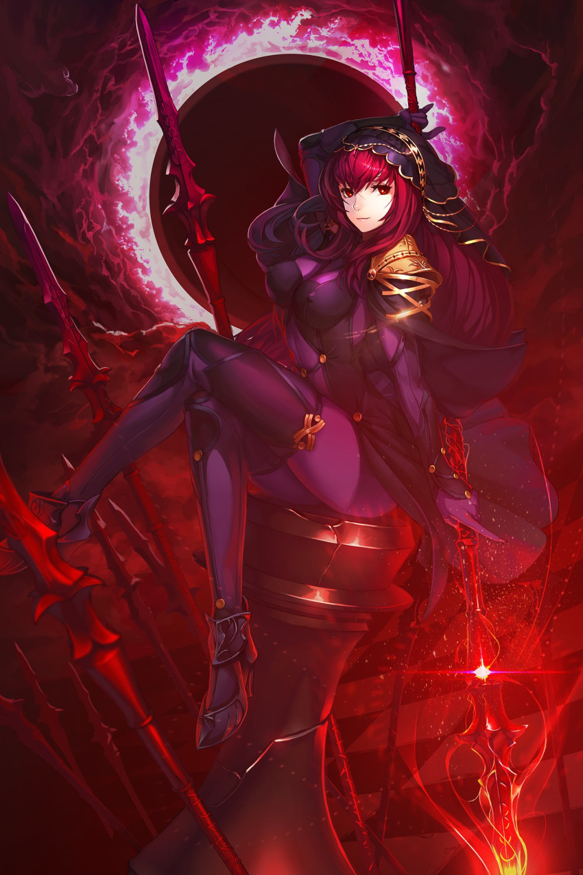 1girl armored_boots bodysuit boots breasts cloud covered_nipples crossed_legs diablo34912 eclipse fate/grand_order fate_(series) field_of_blades gae_bolg highres holding holding_weapon large_breasts leotard long_hair looking_at_viewer outdoors pauldrons polearm purple_bodysuit purple_hair purple_leotard red_eyes scathach_(fate)_(all) scathach_(fate/grand_order) shoulder_armor sitting smile solo spear veil weapon
