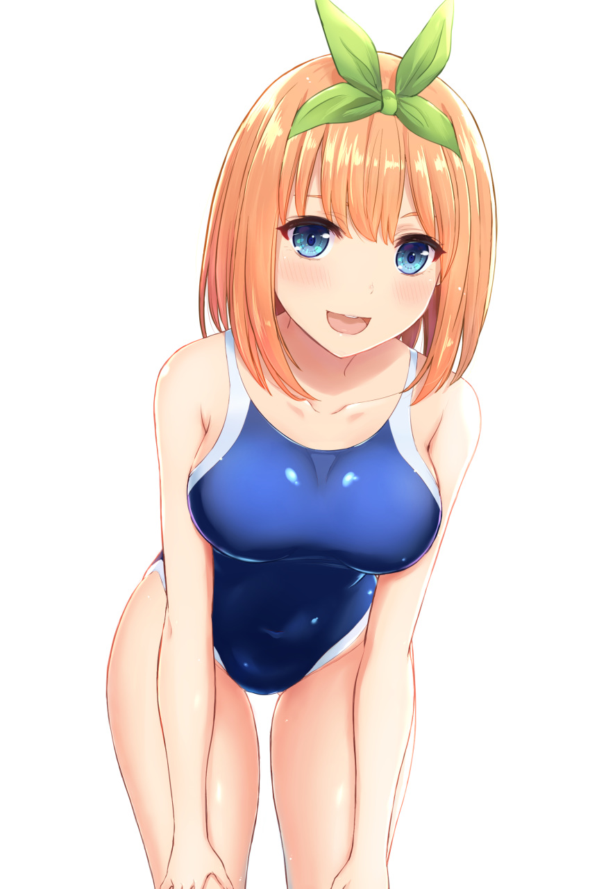 1girl absurdres blue_eyes blue_swimsuit competition_swimsuit cowboy_shot go-toubun_no_hanayome hairband highres inanaki_shiki leaning_forward looking_at_viewer nakano_yotsuba one-piece_swimsuit orange_hair short_hair simple_background smile solo swimsuit white_background