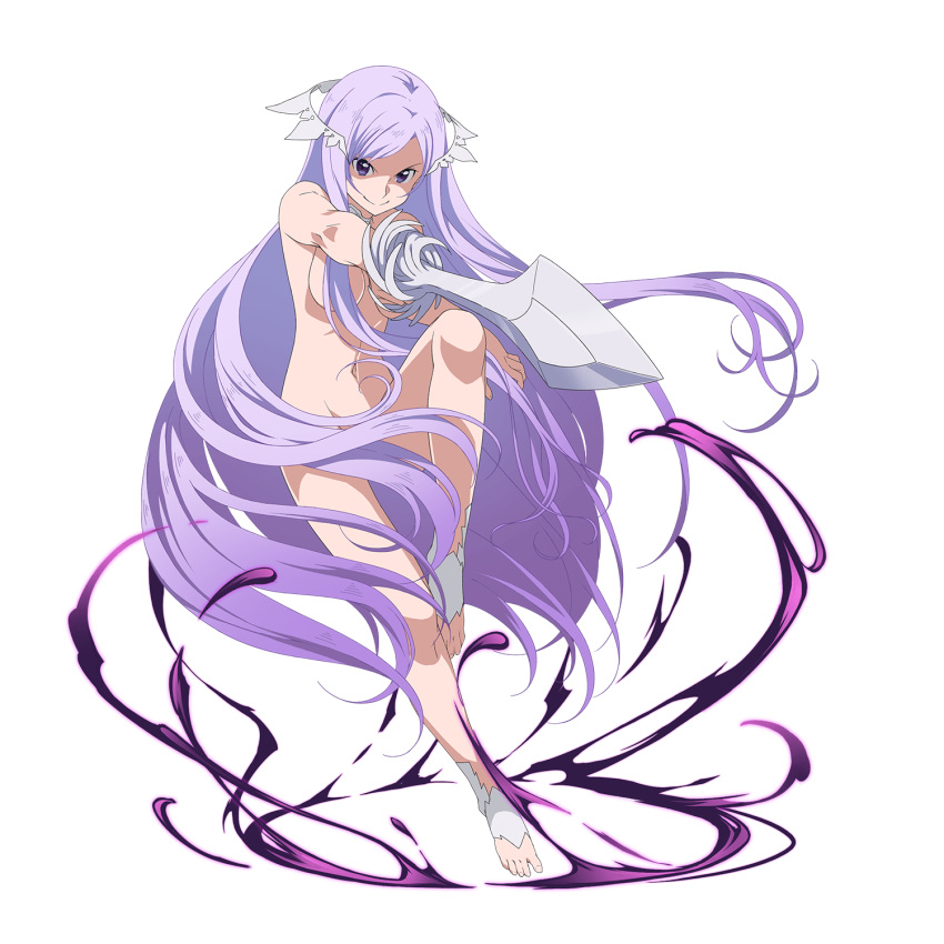 1girl absurdly_long_hair bangs blue_eyes breasts cleavage closed_mouth convenient_censoring floating_hair full_body hair_censor hair_over_breasts hair_over_crotch highres holding holding_sword holding_weapon leg_up long_hair medium_breasts navel nude official_art parted_bangs purple_hair quinella sideboob smile solo sword sword_art_online transparent_background very_long_hair weapon