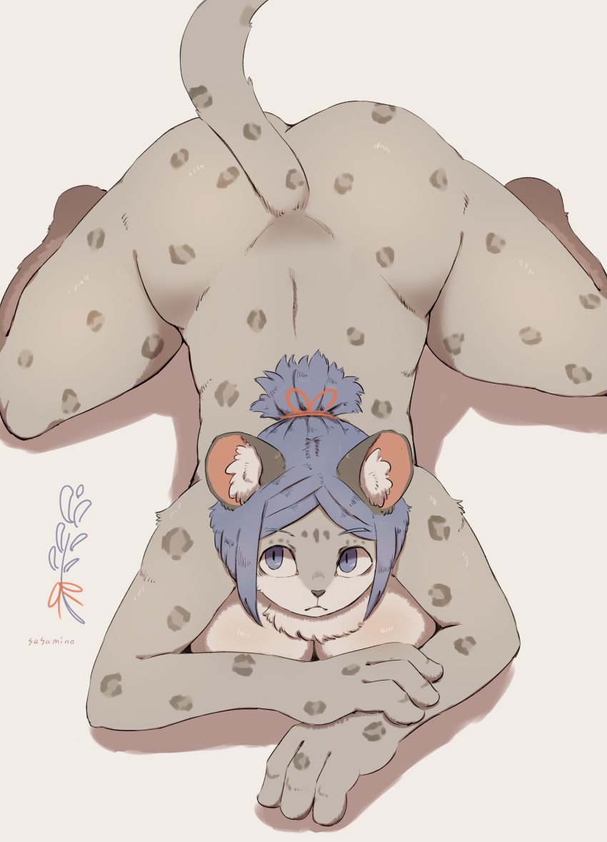 3_fingers :&lt; absurd_res anthro ass_up big_breasts blue_eyes blue_hair breasts butt chest_tuft felid female fingers hair hi_res inner_ear_fluff kemono lying mammal nude on_front on_ground pantherine sasamino simple_background slit_pupils snow_leopard solo spots tuft white_background
