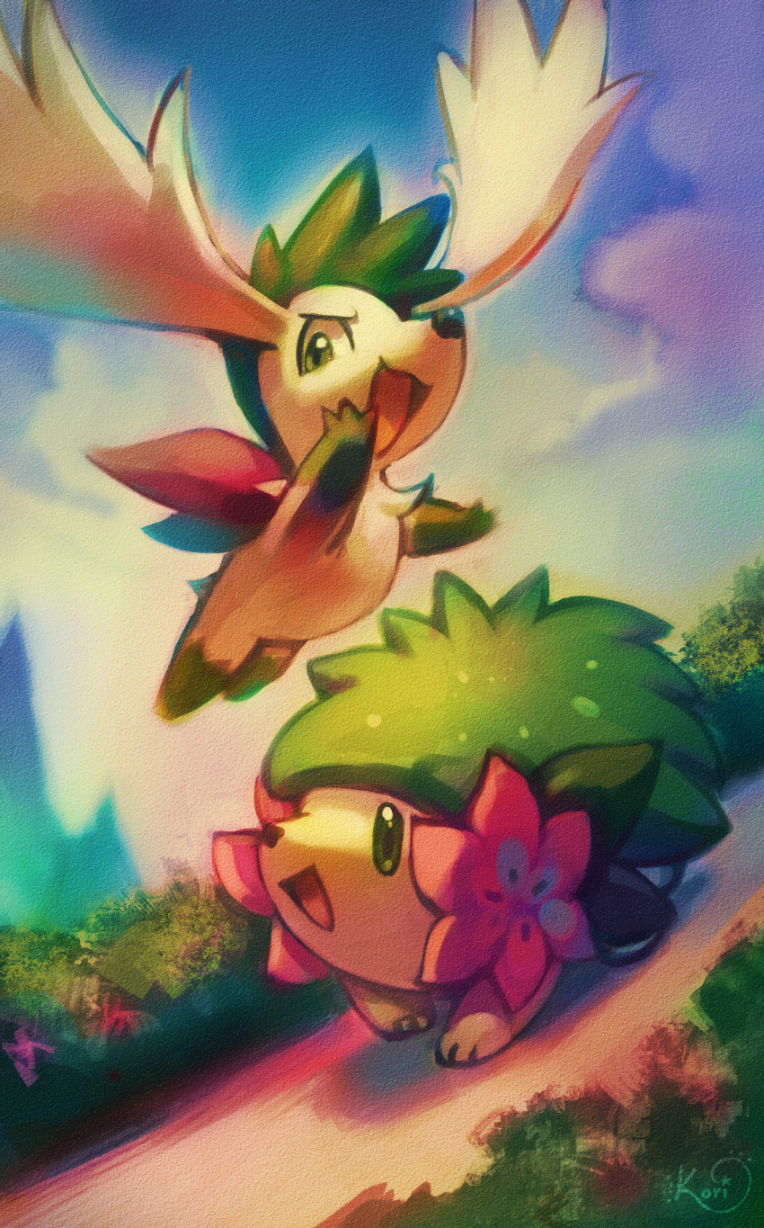 :d absurdres blue_sky cloud cloudy_sky commentary creature day english_commentary flying full_body gen_4_pokemon grass green_eyes happy highres koriarredondo no_humans open_mouth outdoors pokemon pokemon_(creature) road shaymin signature sky smile