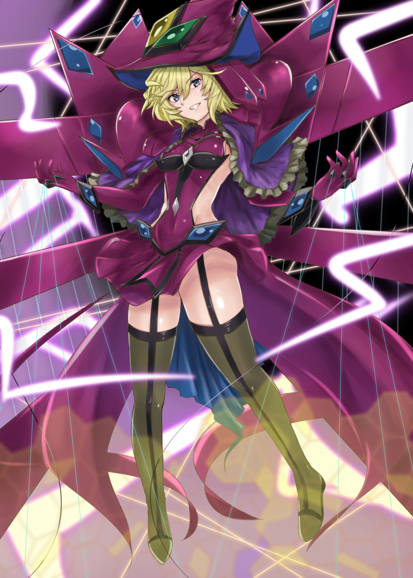 1girl absurdres blonde_hair blue_eyes breasts carol_malus_dienheim elbow_gloves garter_straps gloves hat highres looking_at_viewer medium_breasts mole mole_under_eye senki_zesshou_symphogear shiny shiny_hair shiny_skin shishin_(shishintei) short_hair side_cutout sideless_outfit skirt smile solo teeth thighhighs