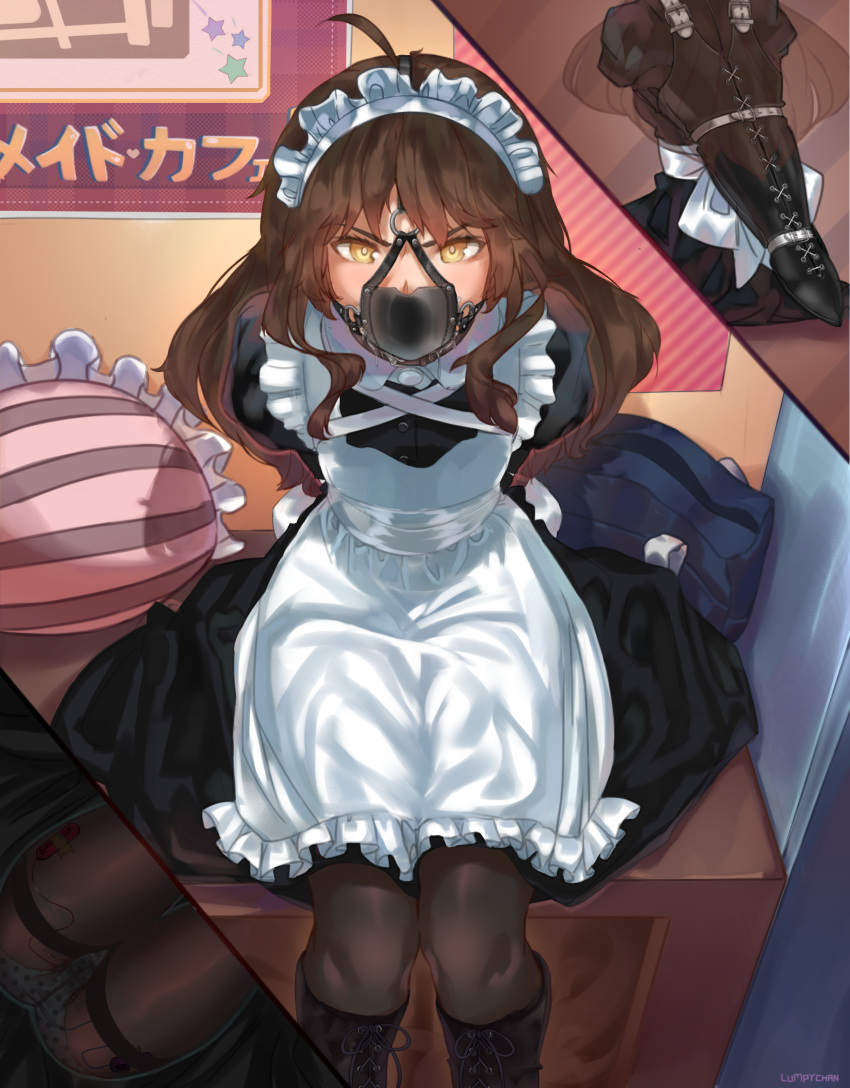 1girl absurdres ahoge angry apron armbinder arms_behind_back artist_name back_bow bdsm black_footwear black_legwear boots bound bound_arms bow brown_hair collar copyright_request gag gagged harness highres juliet_sleeves long_hair long_sleeves looking_at_viewer lumpychan maid maid_apron maid_dress maid_headdress monoglove poster_(object) puffy_sleeves restrained saliva sitting solo yellow_eyes