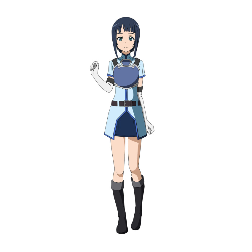 1girl bangs black_footwear blue_eyes blue_hair blue_skirt blunt_bangs boots breastplate closed_mouth elbow_gloves frown full_body gloves highres knee_boots looking_at_viewer miniskirt mole mole_under_eye official_art pencil_skirt sachi_(sao) shiny shiny_hair short_hair short_sleeves skirt solo standing sword_art_online white_gloves