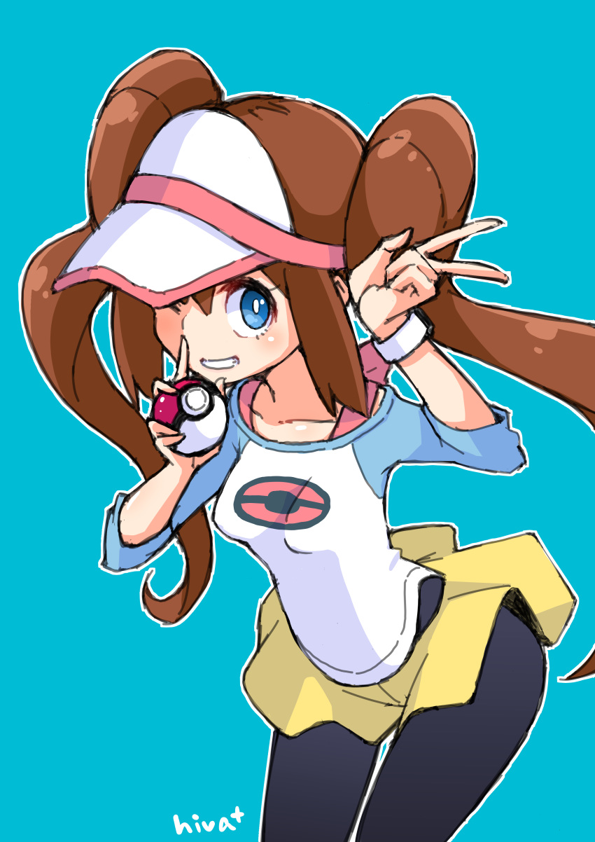 1girl absurdres blue_background blue_eyes blush brown_hair collarbone double_bun hair_bun hat highres hiva+ holding holding_poke_ball long_hair mei_(pokemon) one_eye_closed parted_lips poke_ball poke_ball_(generic) pokemon pokemon_(game) signature simple_background skirt sleeves_rolled_up smile solo sweatband twintails v yellow_skirt
