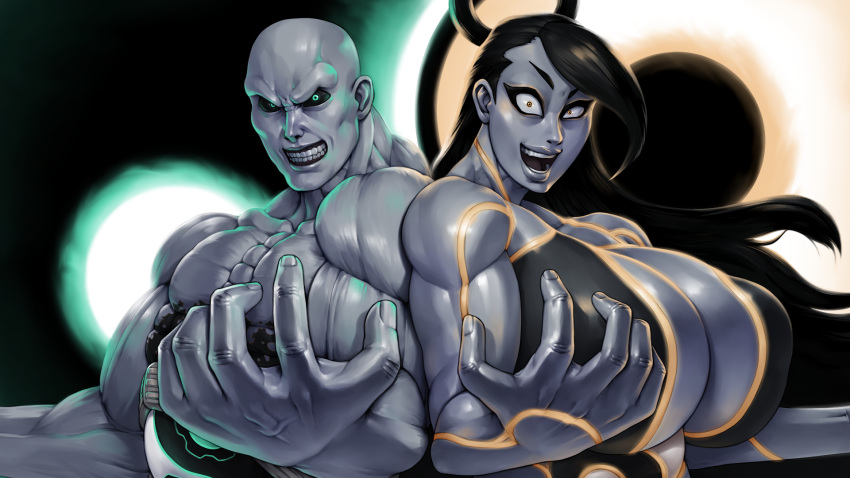 1boy 1girl asymmetrical_bangs back-to-back bald bangs bared_teeth black_hair black_sclera black_skin blue_eyes bodypaint breasts cleavage commentary constricted_pupils dual_persona english_commentary evil_grin evil_smile eyeliner grin hair_rings highres huge_breasts lips makeup metal_skin muscle muscular_female neon_trim open_mouth orange_eyes painted_clothes parted_lips rampage_(leedash2) seth_(street_fighter) shouting smile street_fighter street_fighter_iv_(series) street_fighter_v two-tone_skin wallpaper yin_yang_orb