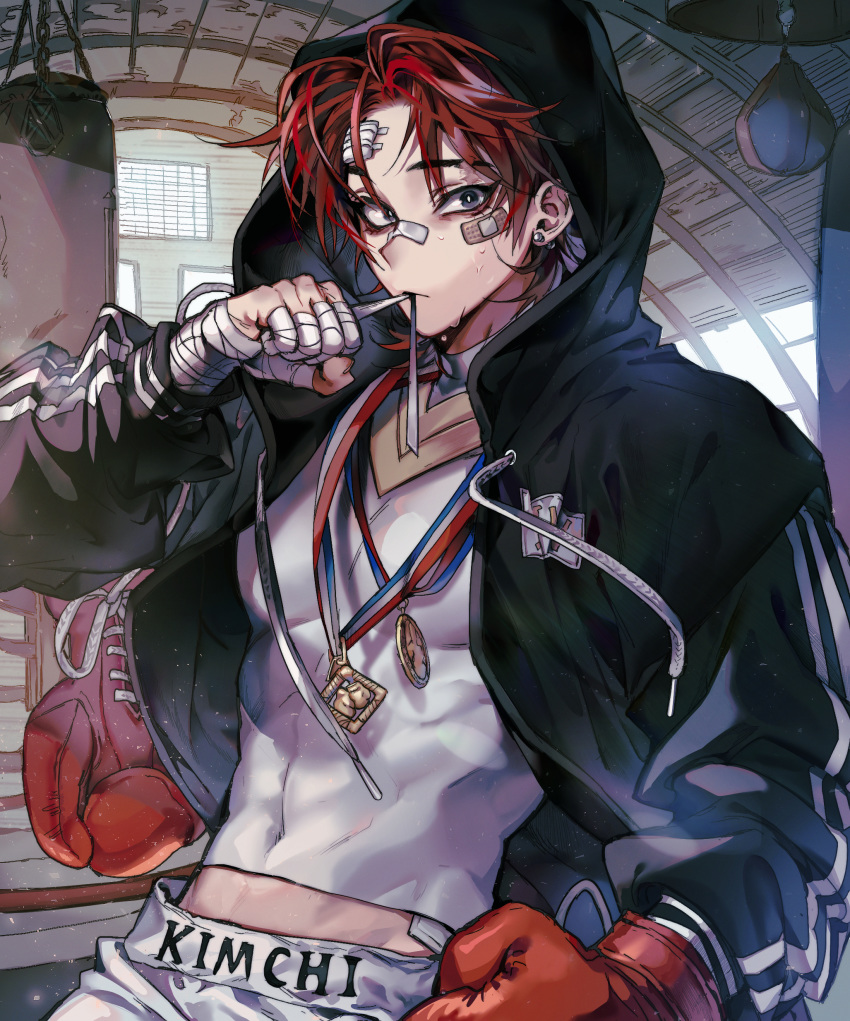 1boy absurdres bandaged_hands bandages bandaid bandaid_on_face blue_eyes boxer boxing_gloves closed_mouth covered_navel earrings facial_scar highres hood hood_up indoors jewelry male_focus medal muscle original panza punching_bag red_hair scar single_earring solo sweat