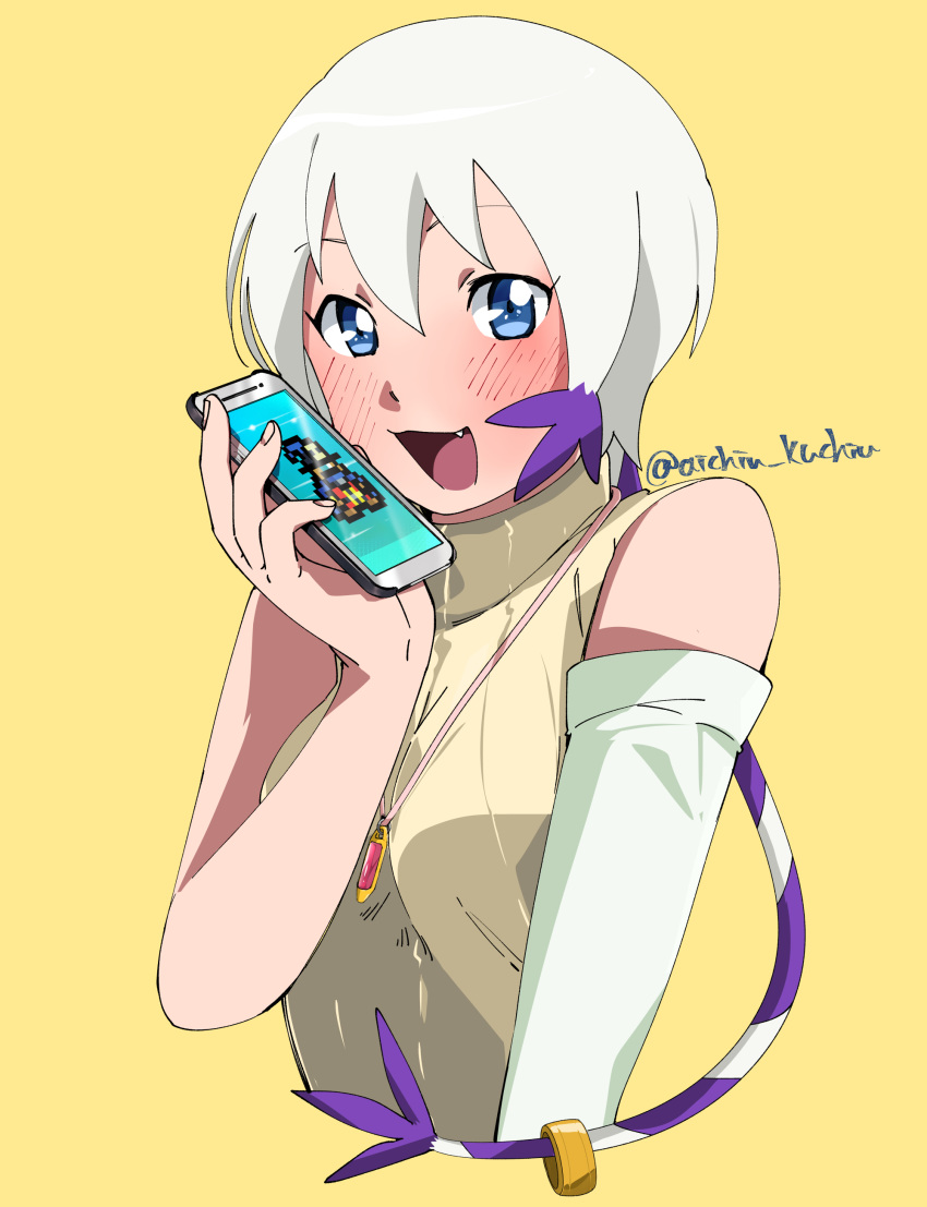 1girl absurdres blue_eyes blush breasts cellphone commentary_request digimon digimon_adventure_02 fusion highres looking_at_viewer open_mouth personification phone shirt short_hair simple_background sleeveless smile solo sweater tailmon turtleneck turtleneck_sweater yagami_hikari