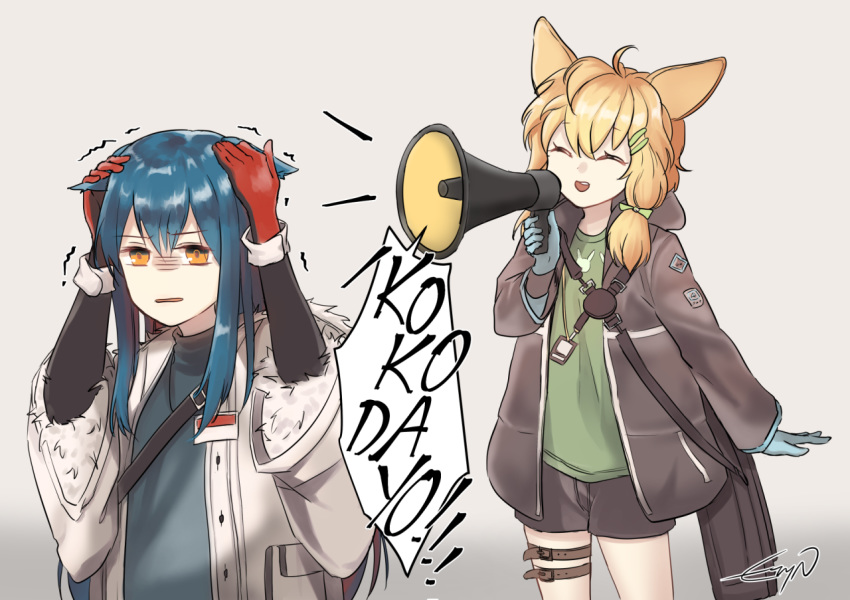 2girls animal_ears arknights blonde_hair blue_hair bunny_ears closed_eyes coat covering_ears gloves id_card jacket kroos_(arknights) lord_ezyn megaphone multiple_girls romaji_text shorts texas_(arknights) wolf_ears yellow_eyes