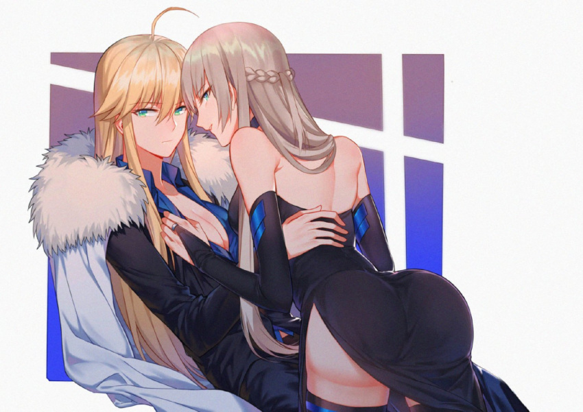 2girls ahoge artoria_pendragon_(all) artoria_pendragon_(lancer) ass bare_shoulders blonde_hair breasts capelet cleavage fate/grand_order fate_(series) fur-trimmed_capelet fur_trim green_eyes hand_on_another's_thigh large_breasts looking_at_viewer morgan_le_fay_(fate) multiple_girls platinum_blonde_hair sidelocks thighhighs thighs yorukun
