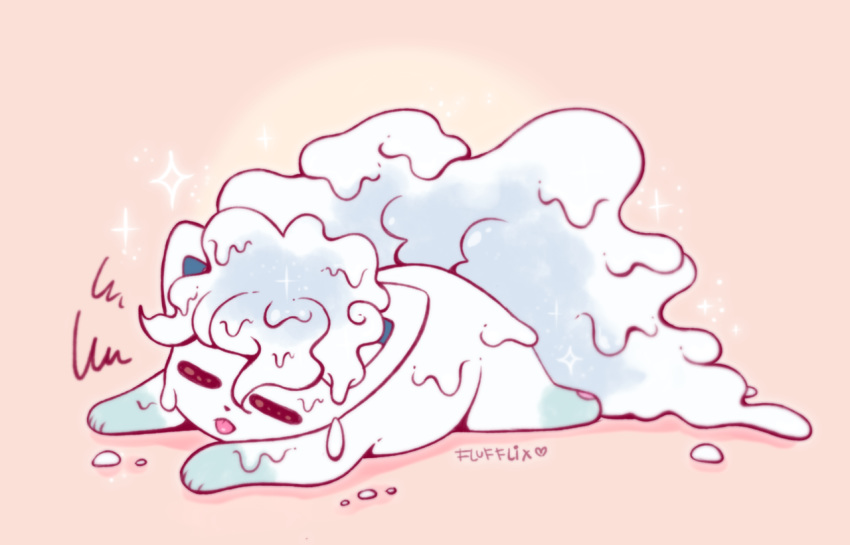 alolan_form alolan_vulpix closed_eyes commentary creature english_commentary flufflixx full_body gen_7_pokemon heat lying melting no_humans on_stomach pink_background pokemon pokemon_(creature) signature simple_background solo squiggle
