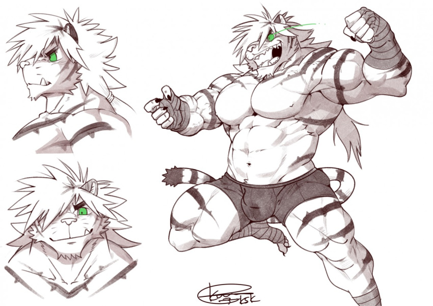5_fingers abs anthro biceps bulge felid fingers fur green_eyes hand_wraps humanoid_hands husky_(artist) koreanhusky magan male mammal multiple_images muscular muscular_male muscular_thighs nipples pantherine pecs signature striped_body striped_fur striped_tail stripes tiger tokyo_afterschool_summoners video_games wraps