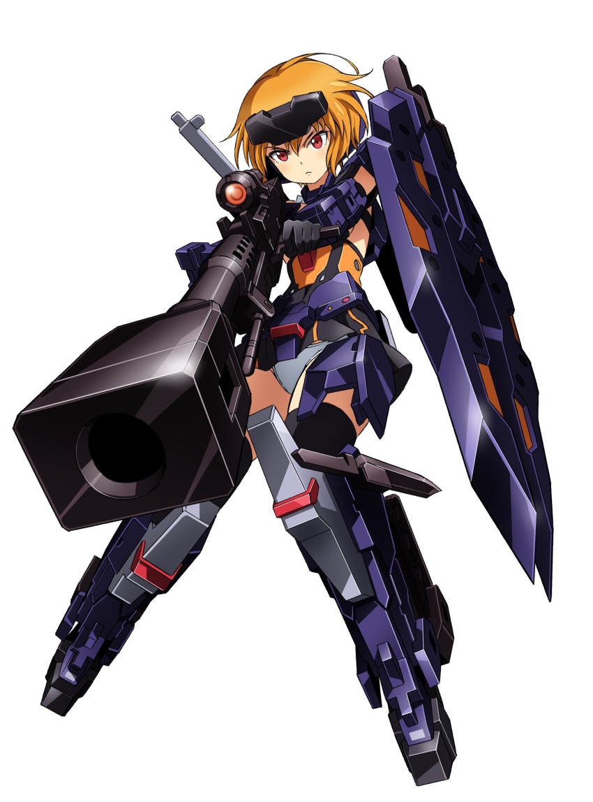 1girl aiming alternate_color black_gloves black_legwear commentary_request elbow_gloves frame_arms_girl gloves goggles goggles_on_head gourai gun headgear highres knife kumichou_(ef65-1118-ef81-95) mecha_musume orange_hair panties red_eyes rifle shield short_hair shoulder_cannon sniper_rifle solo thighhighs underwear weapon white_background white_panties