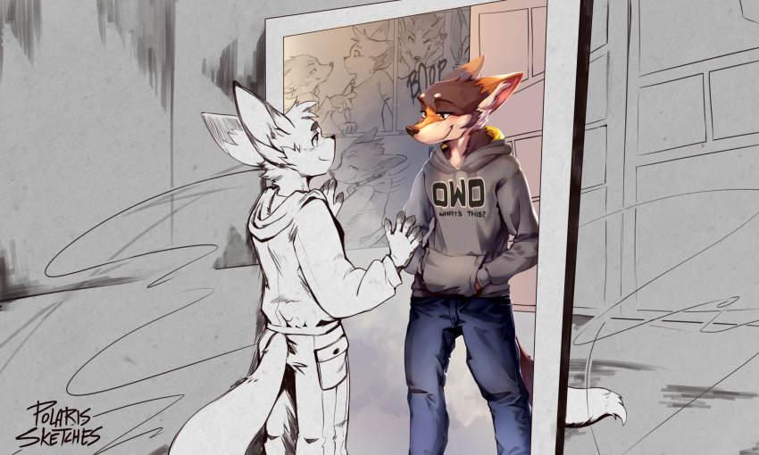 &lt;3 2020 ambiguous_gender anthro bottomwear brown_body brown_fur canid canine canis cheek_tuft clothed clothing colored comic_page coyote dipstick_ears duo ears_back english_text facial_tuft fennec fox fully_clothed fur grey_hoodie hands_in_pockets hi_res hoodie inner_ear_fluff jeans kemono line_art looking_at_another mammal multicolored_ears owo pants pivoted_ears pockets polarissketches shaded sketch sketch_background smile standing tan_body tan_fur text topwear tuft yellow_eyes