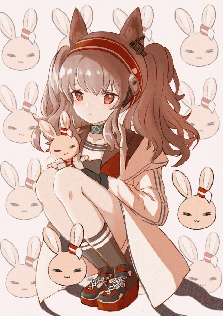 1girl angelina_(arknights) animal_ears arknights black_shorts blush brown_hair bunny choker double_horizontal_stripe earpiece gloves hairband highres jacket red_hairband shoelaces shorts solo squatting striped striped_hairband striped_jacket white_coat white_jacket