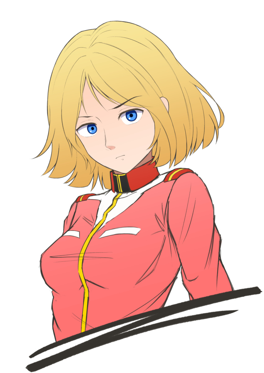 1girl blonde_hair blue_eyes breasts closed_mouth gundam highres looking_at_viewer military military_uniform mobile_suit_gundam sayla_mass short_hair simple_background solo uniform white_background