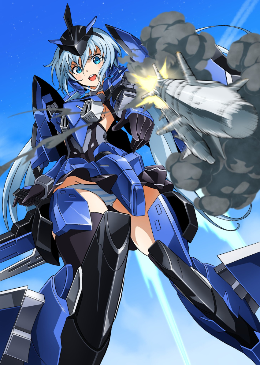 1girl black_gloves black_legwear blue_eyes blue_sky breasts elbow_gloves frame_arms_girl gloves gun headgear highres kumichou_(ef65-1118-ef81-95) light_blue_hair long_hair looking_at_viewer low_twintails mecha_musume missile motion_blur open_mouth panties sideboob skindentation sky smoke solo speed_lines striped striped_panties stylet thighhighs twintails underwear weapon