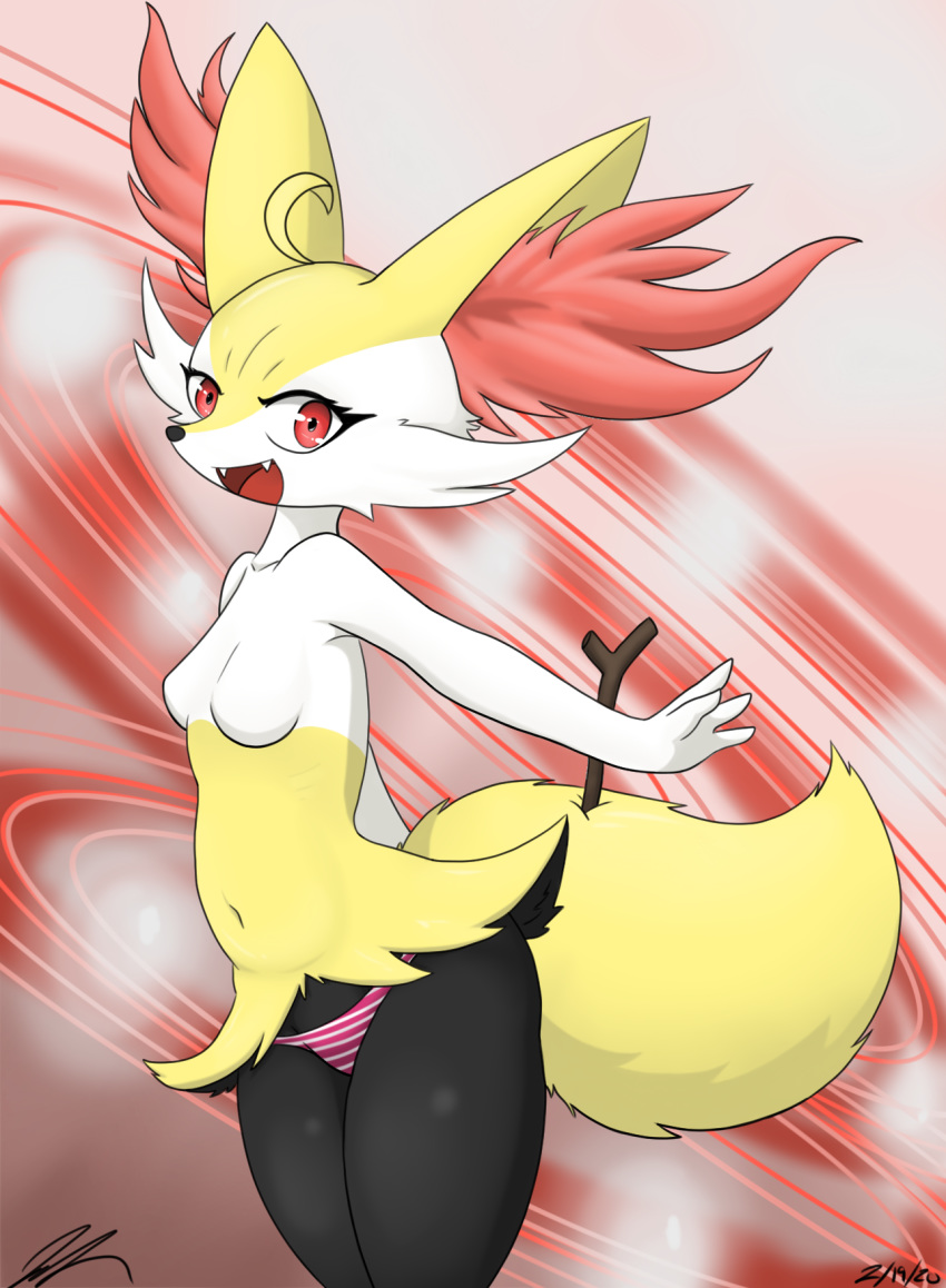 abstract_background big_ears big_tail braixen breasts canid canine clothing ear_tuft female fennec fox fur hi_res jeffthehusky looking_at_viewer mammal multicolored_body multicolored_fur nintendo panties pok&eacute;mon pok&eacute;mon_(species) red_eyes small_breasts smile stick teeth thick_thighs tongue tuft two_tone_body two_tone_fur underwear video_games yellow_body yellow_fur young
