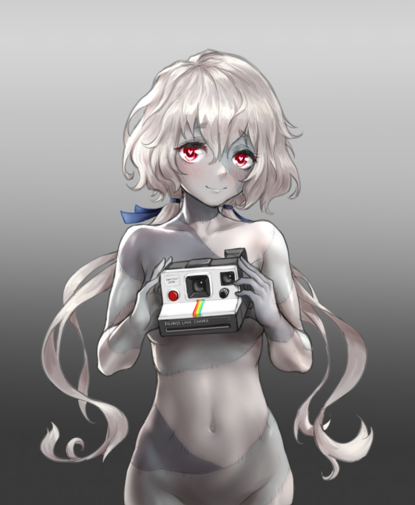 1girl artoise blue_ribbon blush camera commentary english_commentary groin hair_between_eyes hair_ribbon hands_up heart heart-shaped_pupils highres holding holding_camera konno_junko looking_at_viewer medium_hair navel nude out-of-frame_censoring red_eyes ribbon scar sidelocks silver_hair smile solo stitches symbol-shaped_pupils twintails wavy_hair zombie zombie_land_saga