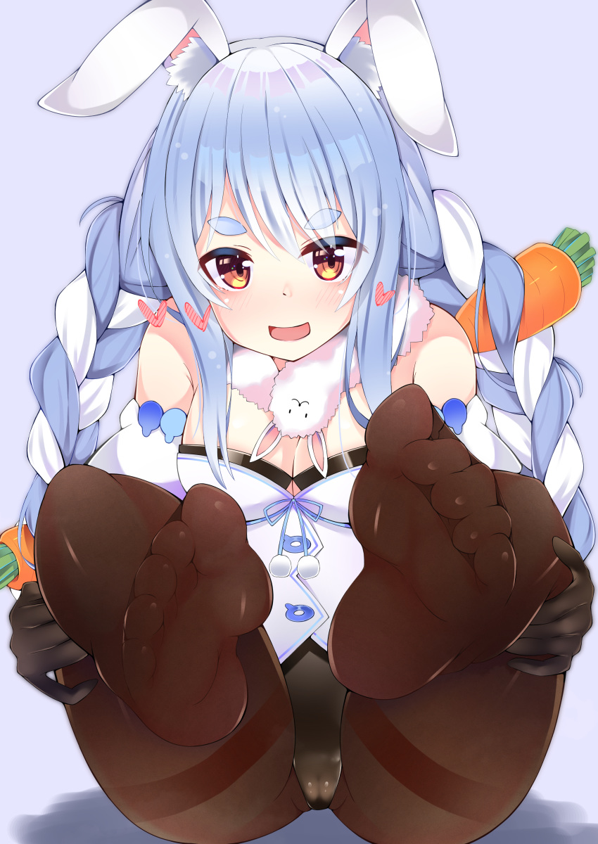 1girl absurdres animal_ears black_gloves black_legwear blush braid breasts bunny_ears bunny_girl bunnysuit cameltoe carrot_hair_ornament cleavage eyebrows_visible_through_hair food_themed_hair_ornament full_body gloves grabbing_own_thigh grey_background hair_ornament heart highres hololive light_blue_hair long_hair looking_at_viewer medium_breasts monkey_kusai multicolored_hair off_shoulder open_mouth pantyhose pom_pom_(clothes) red_eyes simple_background sitting smile soles solo thick_eyebrows thigh_grab twin_braids two-tone_hair usada_pekora virtual_youtuber white_hair