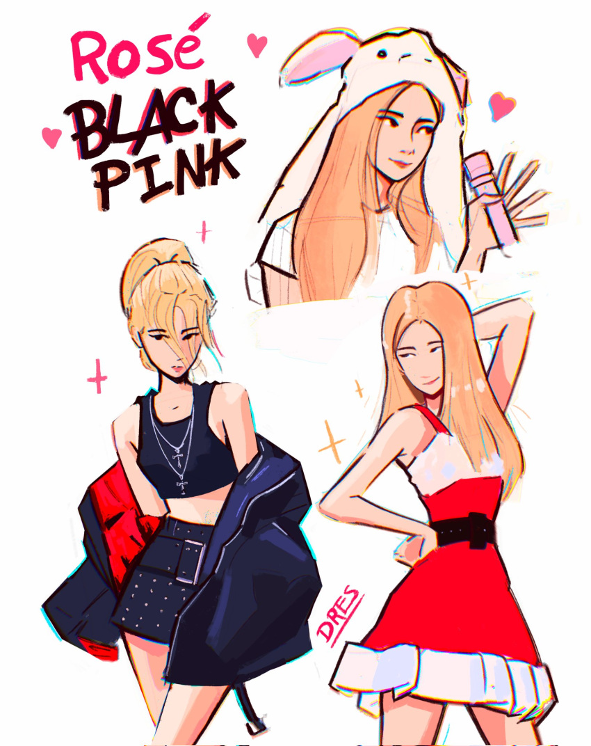 1girl artist_name_(singer) black_skirt blackpink blonde_hair commentary dresarts dress english_commentary group_name hand_on_own_hip heart highres holding holding_microphone jewelry k-pop long_hair looking_to_the_side making-of_available microphone multiple_views necklace ponytail real_life rose_(blackpink) santa_costume santa_dress simple_background skirt smile solo white_background